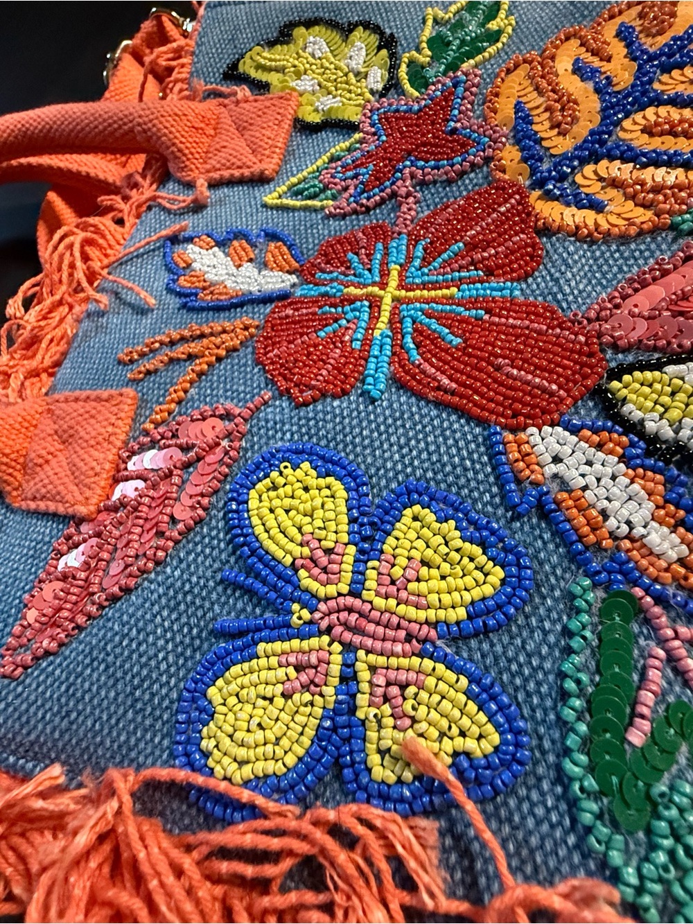 America & Beyond Orange-Fringe Trim Beaded Floral Tote Bag - Picture 8 of 11